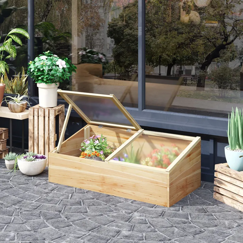 Outsunny Wooden Cold Frame Greenhouse Polycarbonate Grow House for Flowers & Plants in Natural Natural