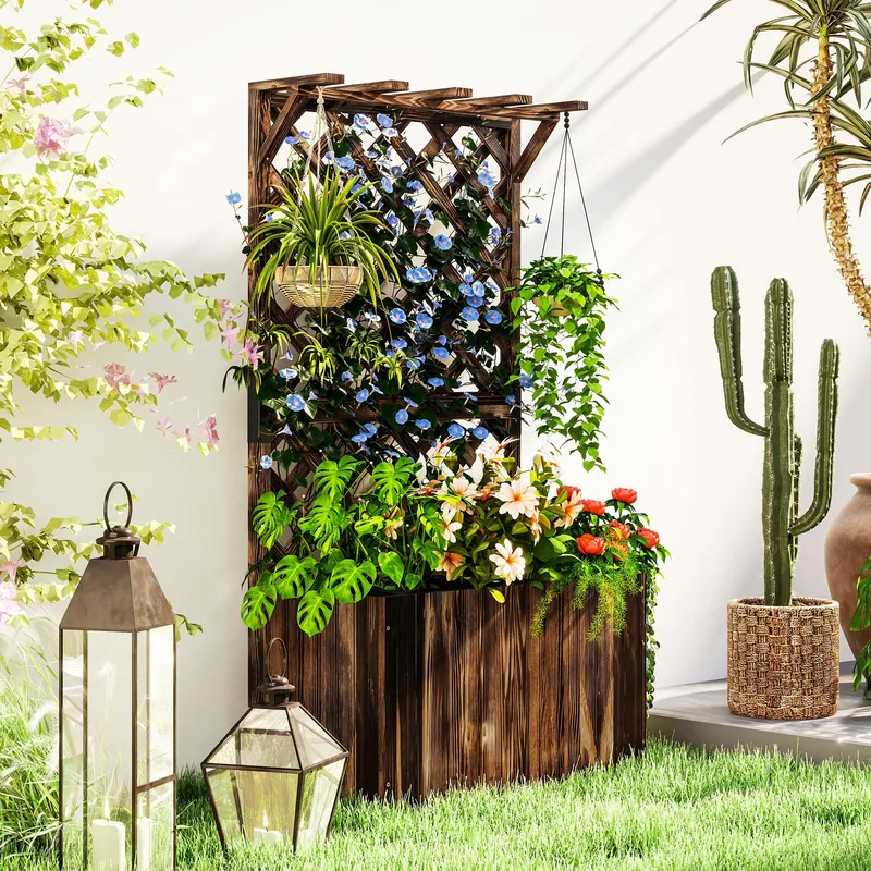 Outsunny Wooden Planter with Trellis & Drainage Holes in Tan Tan