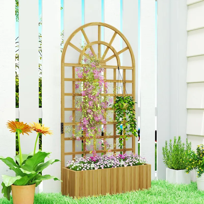 Outsunny Wooden Raised Planter with Lattice Trellis for Climbing Plants
