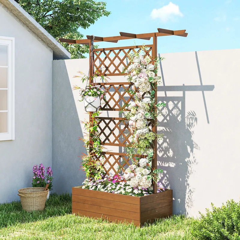 Outsunny Wooden Trellis Planter, Raised Garden Bed for Climbing Plants in Orange Orange
