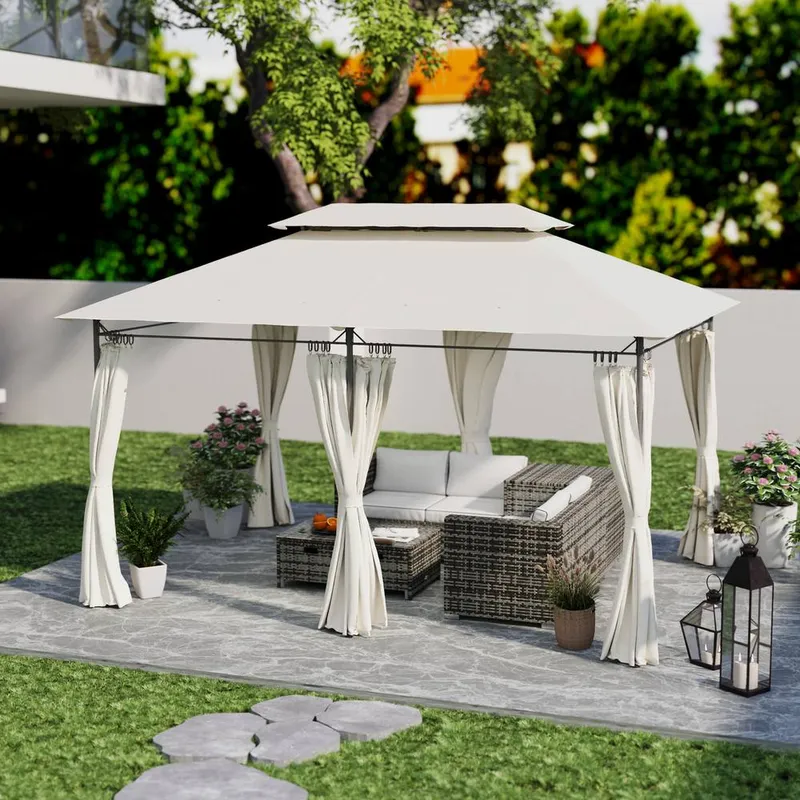 Outsunny x 4m Garden Gazebo with Sides, Double Roof Metal Gazebo, White White