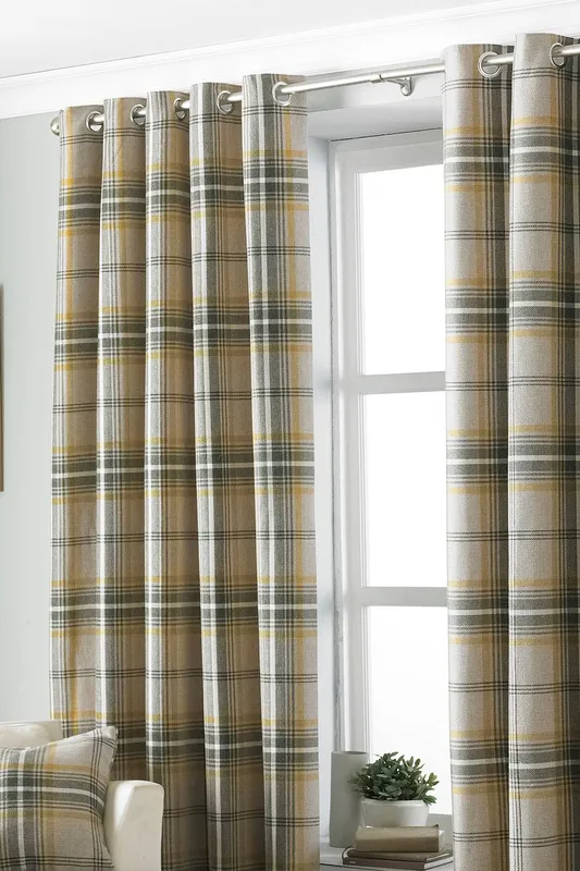 Paoletti Aviemore Tartan Faux Wool Eyelet Curtains in Yellow Size: 117cm width x 137cm drop - Yellow