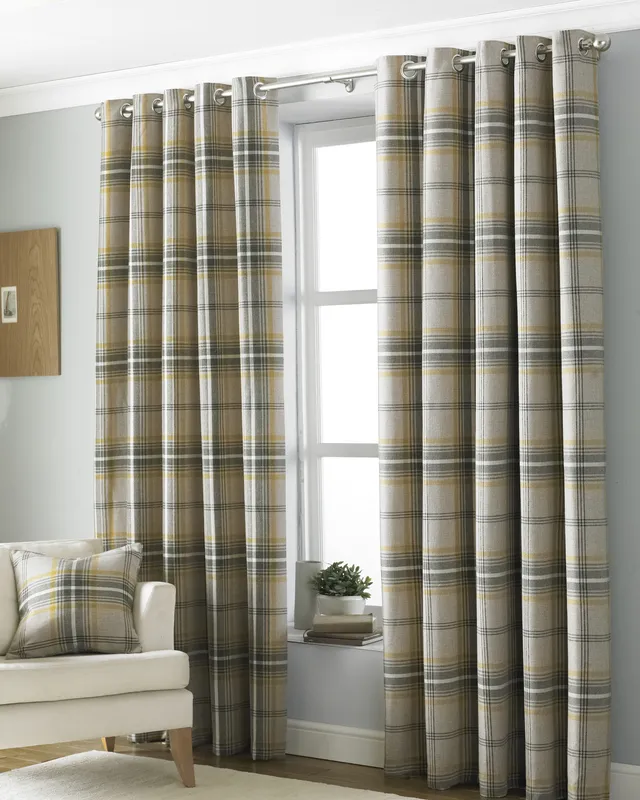 Paoletti Unisex Aviemore Tartan Faux Wool Eyelet Curtains in Yellow Size: 229cm width x 183cm drop Yellow 229cm width x 183cm drop female