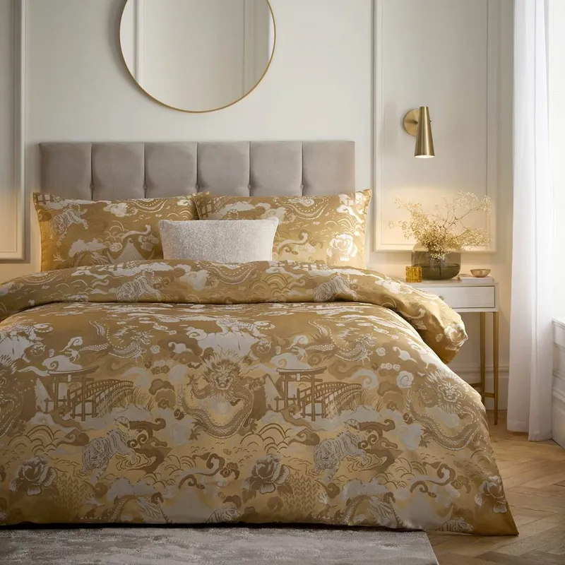 Paoletti Baransu Jacquard Duvet Cover Set in Gold Size: King - Gold - Size: King
