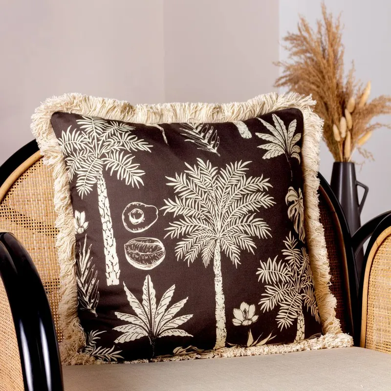 Paoletti Colonial Palm Tropical Fringed Cushion in Black Size: 45 cm x 45 cm Black 45 cm x 45 cm
