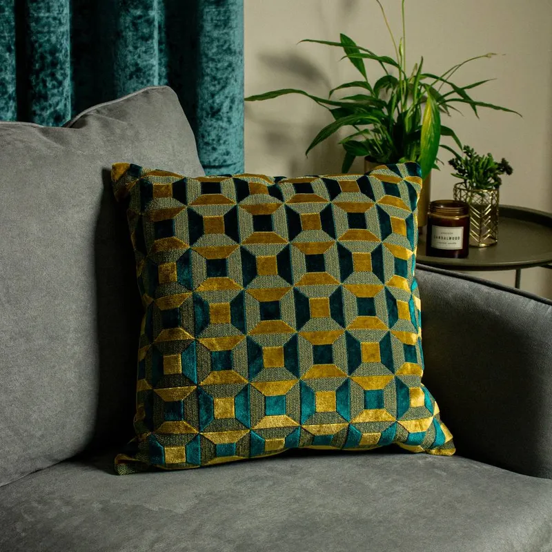Paoletti Empire Velvet Jacquard Geometric Cushion in Teal Size: 45cm x 45cm - Teal