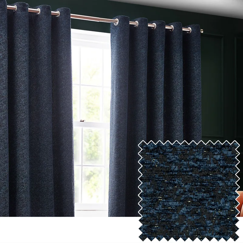 Paoletti Galaxy Velvet Chenille Eyelet Curtain Pair in Navy Size: 229 cm width x 229 cm drop Navy 229 cm width x 229 cm drop