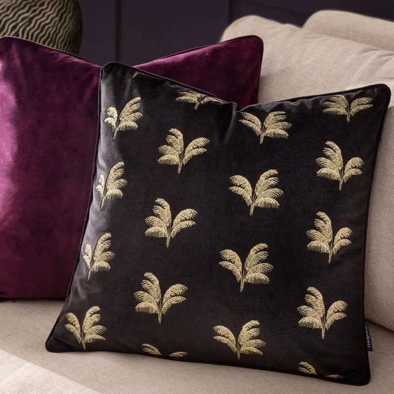 Paoletti Guilded Palms Embroidered Cushion in Black Size: 45cm x 45cm - Black - Size: 45cm x 45cm