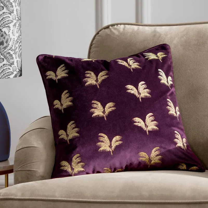 Paoletti Guilded Palms Embroidered Cushion in Plum Size: 45cm x 45cm - Plum - Size: 45cm x 45cm