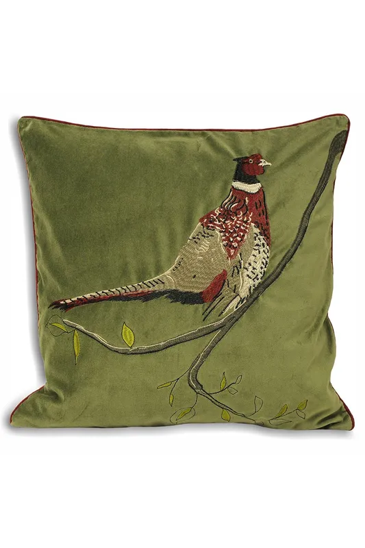 Paoletti Hunter Embroidered Pheasant Velvet Cushion in Green Size: 45 cm x 45 cm Green 45 cm x 45 cm