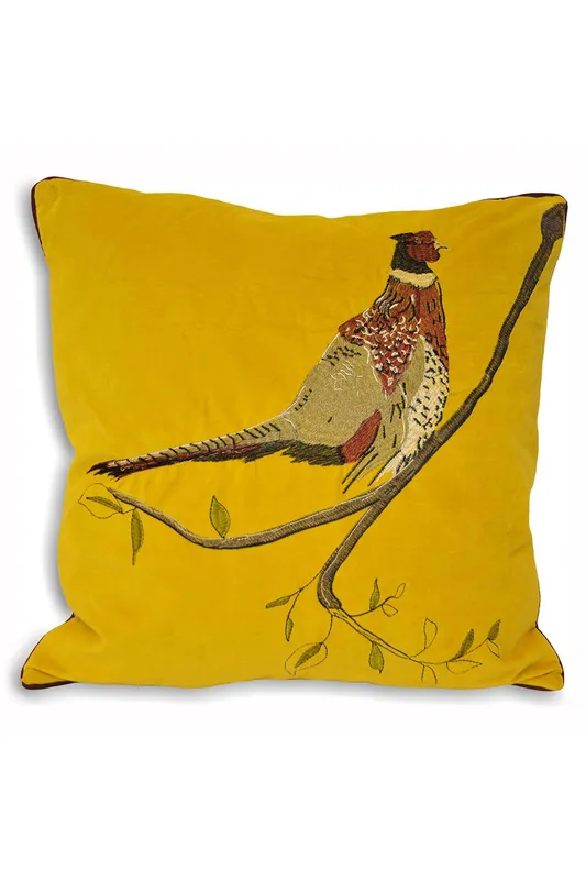 Paoletti Hunter Embroidered Pheasant Velvet Cushion in Mustard Size: 45cm x 45cm - Mustard