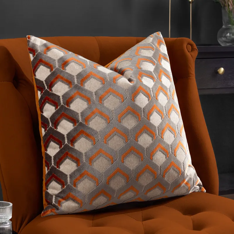Paoletti Ledbury Geometric Velvet Cushion in Pale Orange Size: 45cm x 45cm - Pale Orange