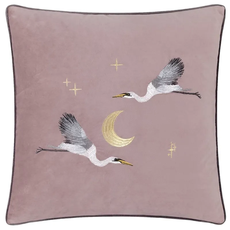 Paoletti Moonlit Flight Embroidered Velvet Cushion in Dusty Pink Size: 45cm x 45cm - Dusty Pink
