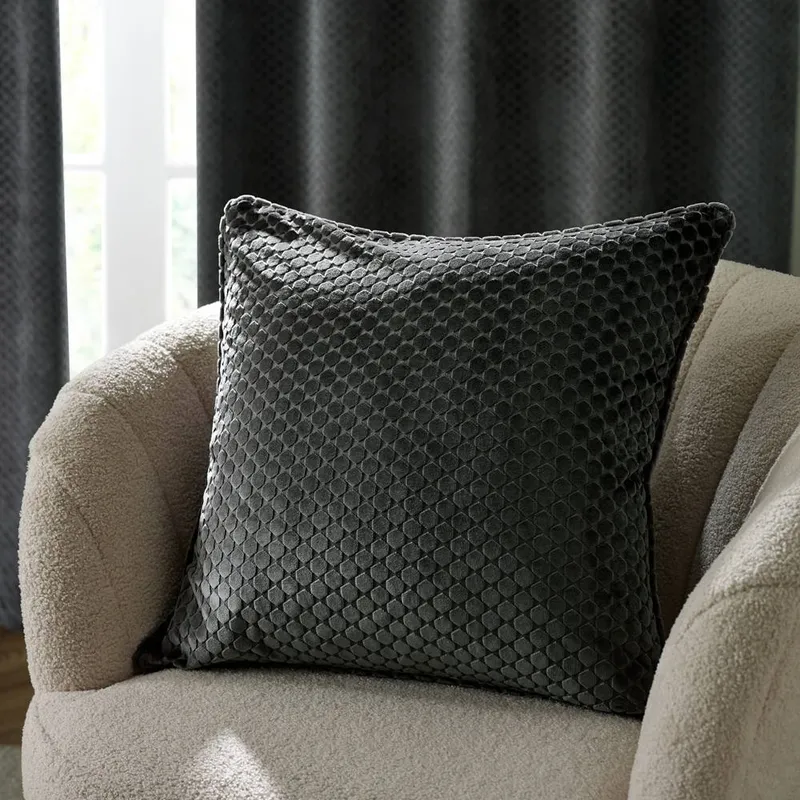 Paoletti Neptune Velvet Cushion in Charcoal Size: 50cm x 50cm - Charcoal