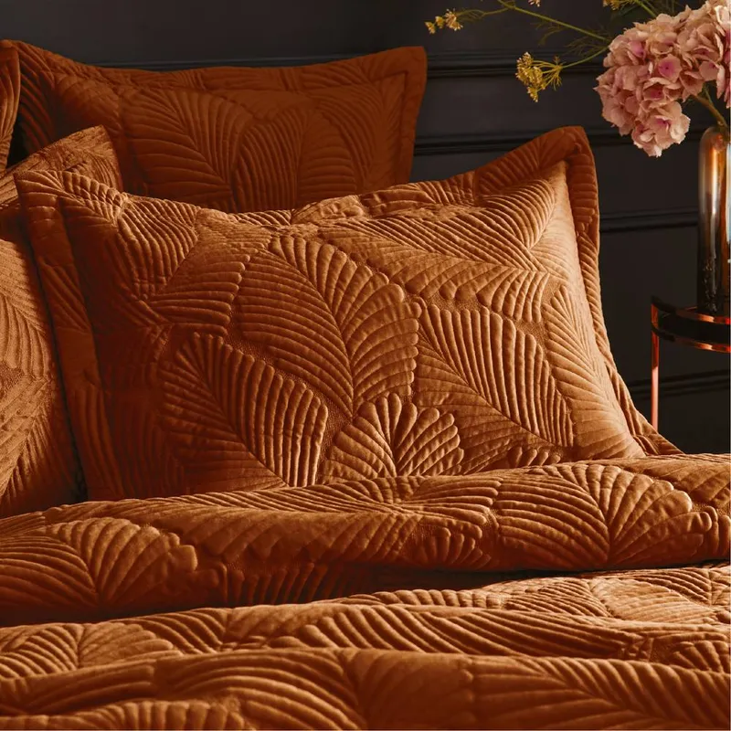 Paoletti Palmeria Quilted Velvet Pillowcase in Burnt Orange Burnt Orange