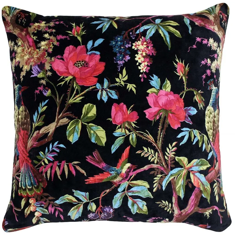 Paoletti Paradise Nature Print Velvet Cushion in Black Black
