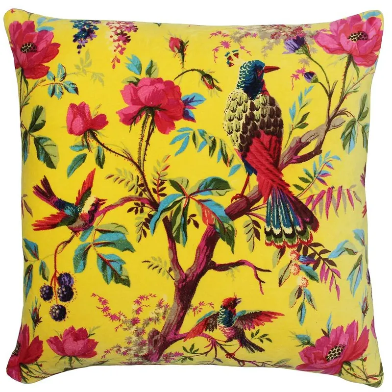 Paoletti Paradise Nature Print Velvet Cushion in Bright Yellow - Bright Yellow - Size: One Size