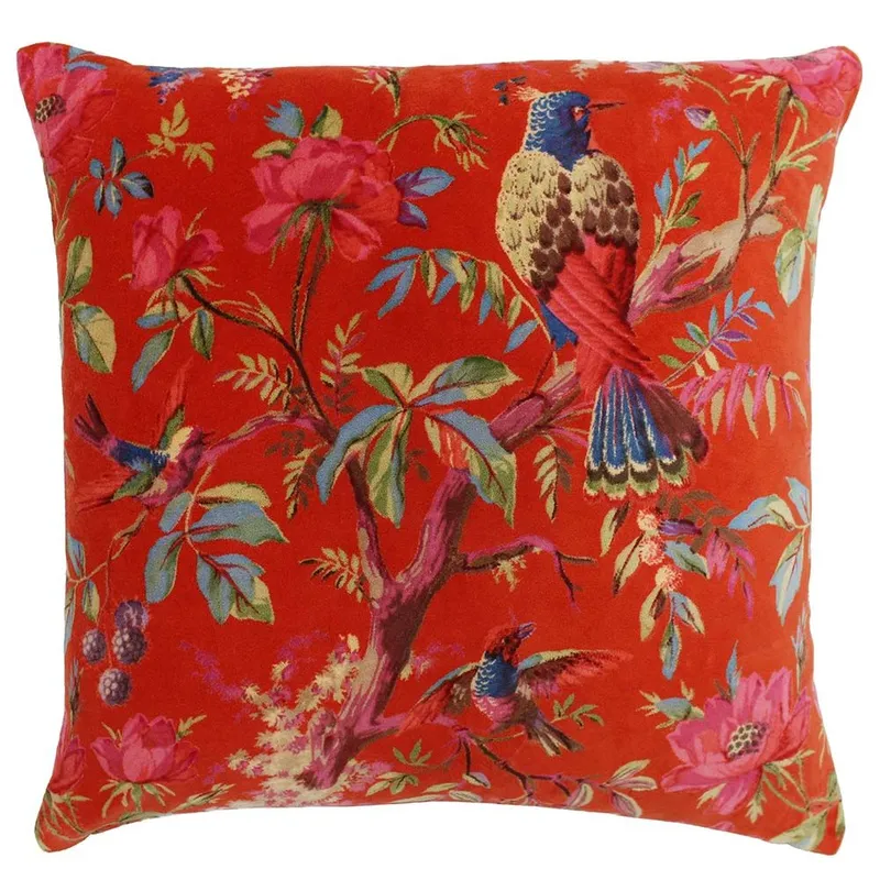 Paoletti Paradise Nature Print Velvet Cushion in Orange Orange