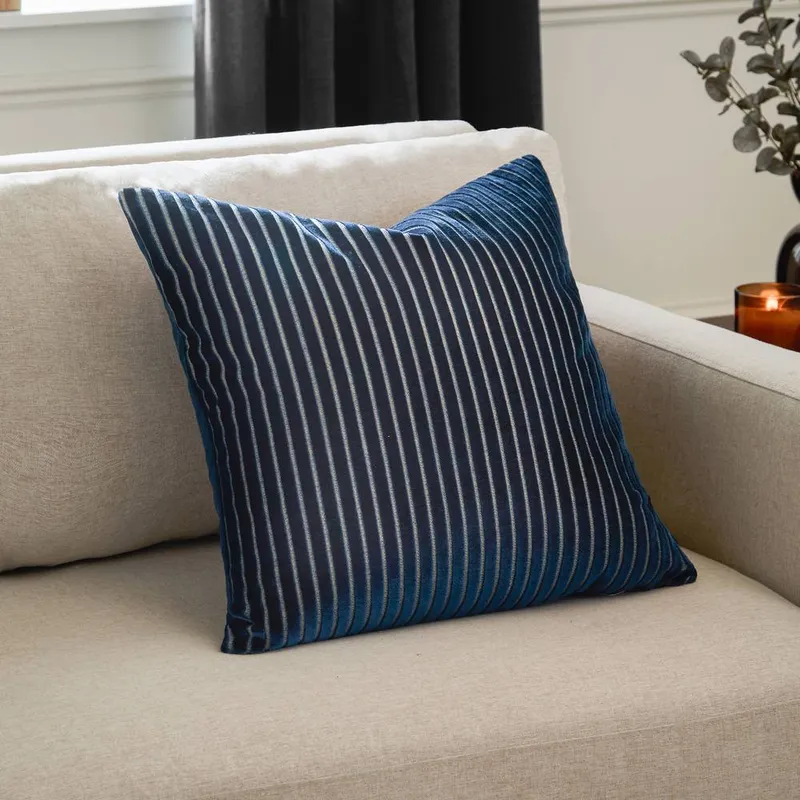 Paoletti Savoy Stripe Velvet Cushion in Navy Size: 50cm x 50cm - Navy - Size: 50cm x 50cm