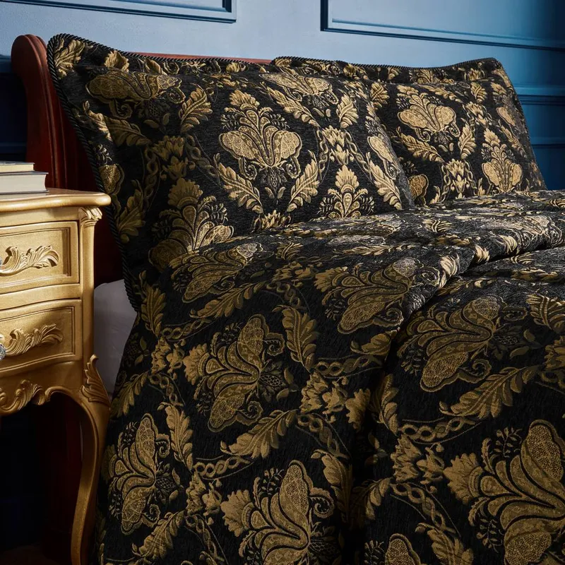 Paoletti Shiraz Traditional Damask Jacquard Floral Piped Pillow Sham in Black Black