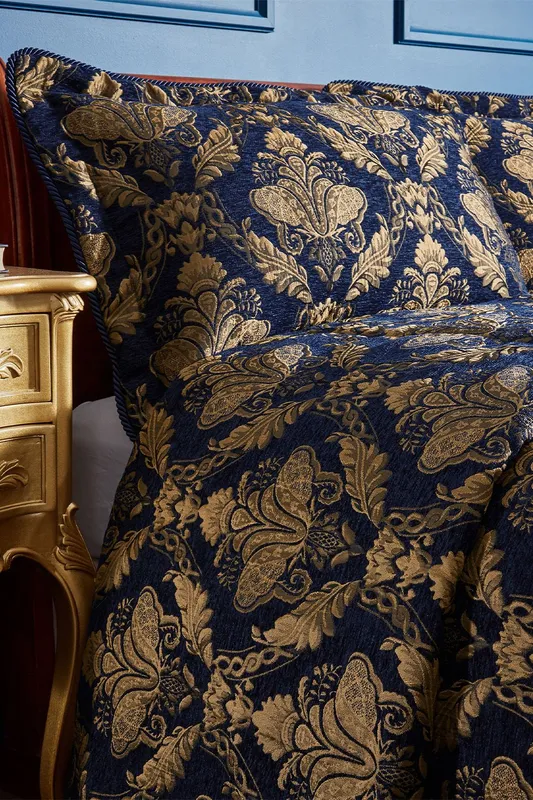 Paoletti Shiraz Traditional Damask Jacquard Floral Piped Pillow Sham in Navy - Navy