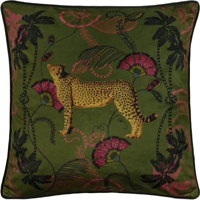 Paoletti Tropical Cheetah Printed Piped Cushion in Khaki Size: 45cm x 45cm - Khaki