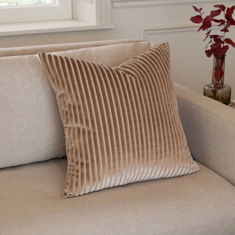 Paoletti Savoy Stripe Velvet Cushion in Beige Size: 50cm x 50cm - Beige