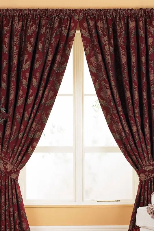 Paoletti Shiraz Floral Damask Pencil Pleat Curtain Red;Gold 229 W x 229 D cm