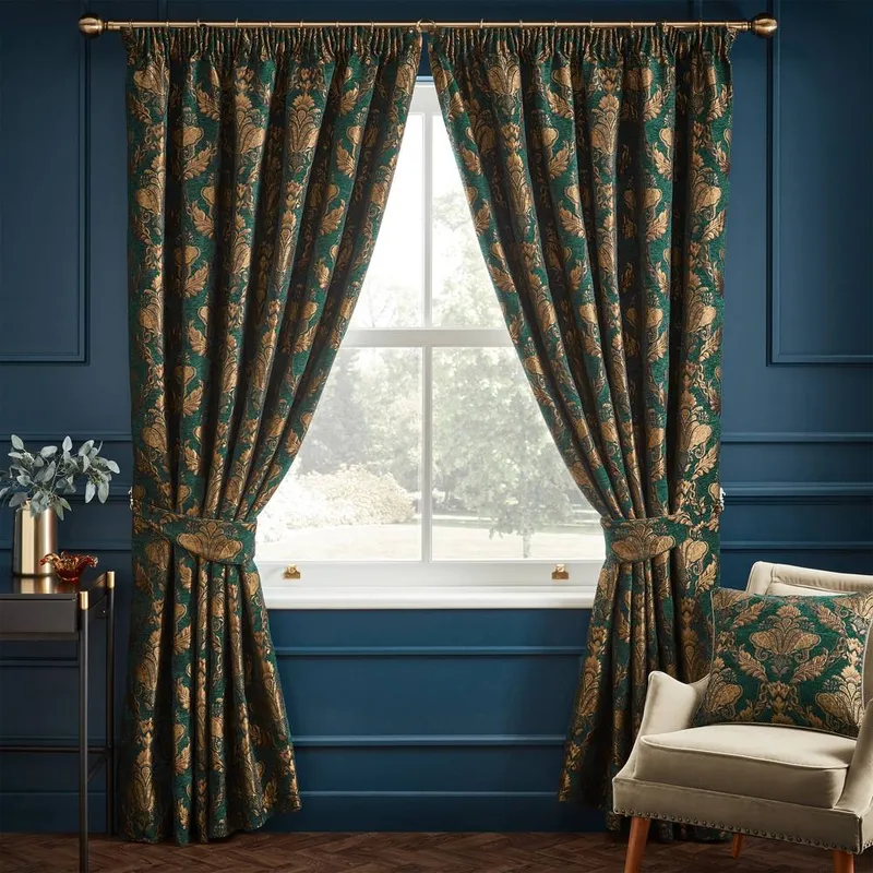 Paoletti Shiraz Floral Damask Pencil Pleat Curtains Emerald Width 229 x Drop 229cm