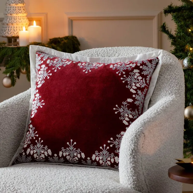 Paoletti Unisex Winter Bloom 100% Cotton Embroidered Cushion in Red Size: 50cm x 50cm Red 50cm x 50cm female