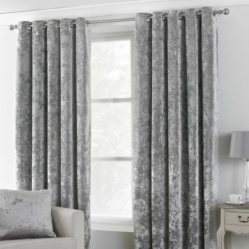 Paoletti Verona Crushed Velvet Look Eyelet Curtains In Silver - Size 117 Cm X 137 Cm