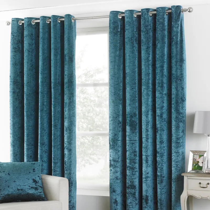 Terrys Paoletti Verona Crushed Velvet Lined Ready Made Eyelet Curtains Teal
