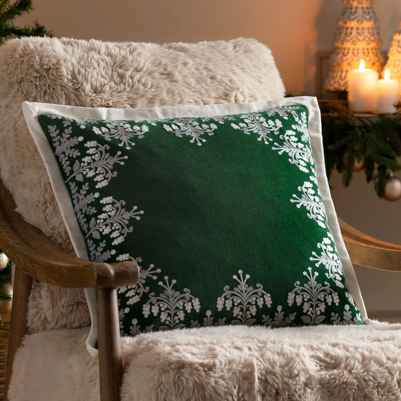 Paoletti Winter Bloom 100% Cotton Embroidered Cushion in Green Size: 50cm x 50cm - Green