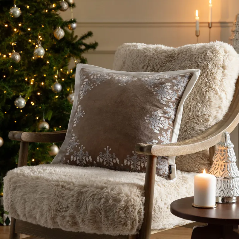 Paoletti Winter Bloom 100% Cotton Embroidered Cushion in Taupe Size: 50cm x 50cm - Taupe