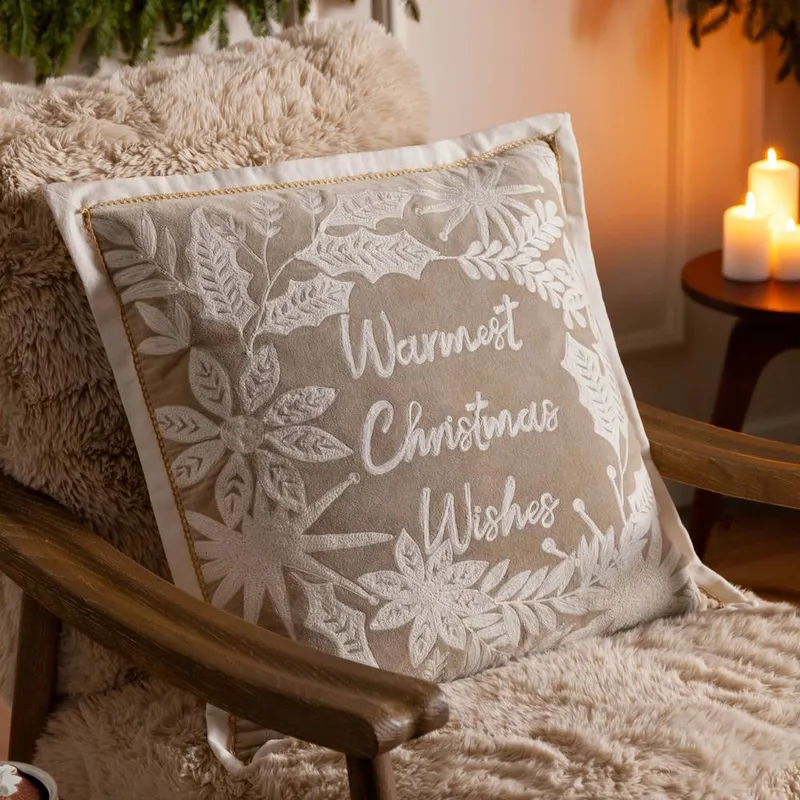 Paoletti Winter Warmest Wishes Embroidered Cushion in Beige Size: 50cm x 50cm - Beige - Size: 50cm x 50cm