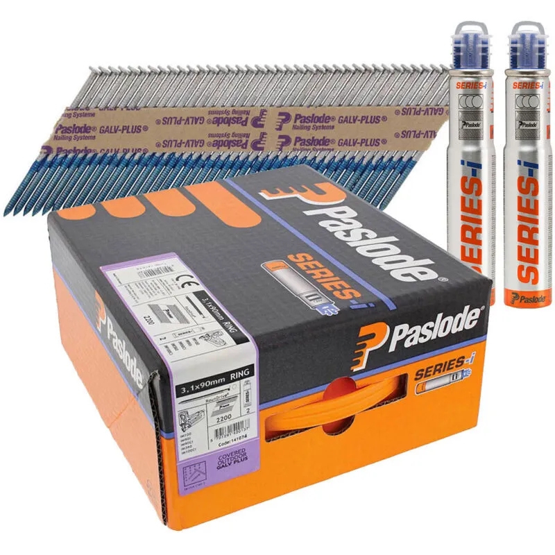 Paslode IM360CI Galvanised+ Ring Shank Collated Nails and Gas 63mm Pack of 2200