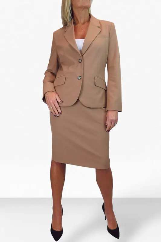 Paulo Due Women's 2 Piece Tailored Skirt Suit in Tan Size: 14 Tan 14