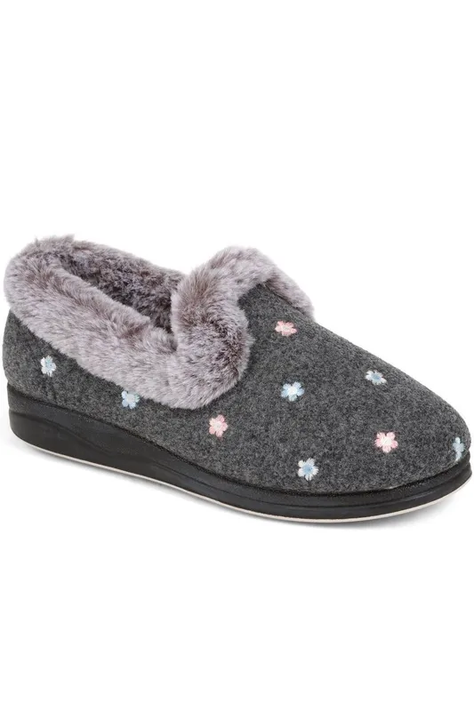 Pavers Women's Floral Faux-Fur Slippers in Grey Size: 7 - Grey