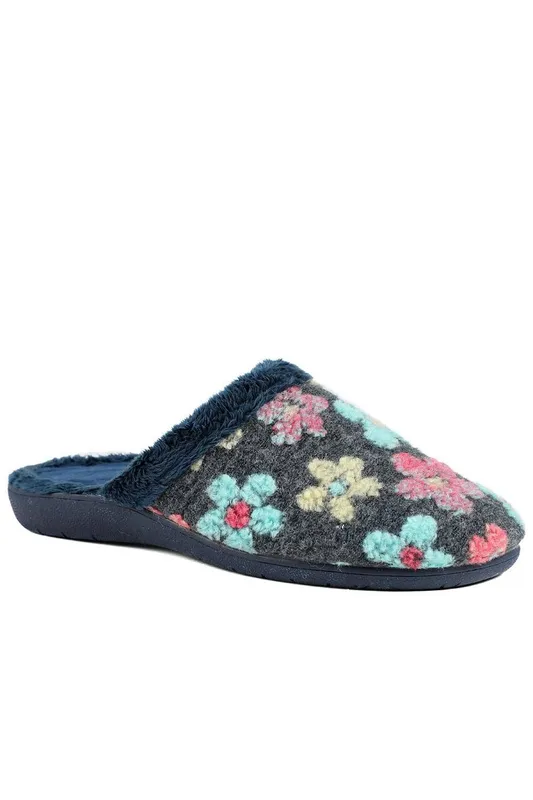 Pavers Women's Soft Floral Mule Slippers in Navy Size: 5 - Navy