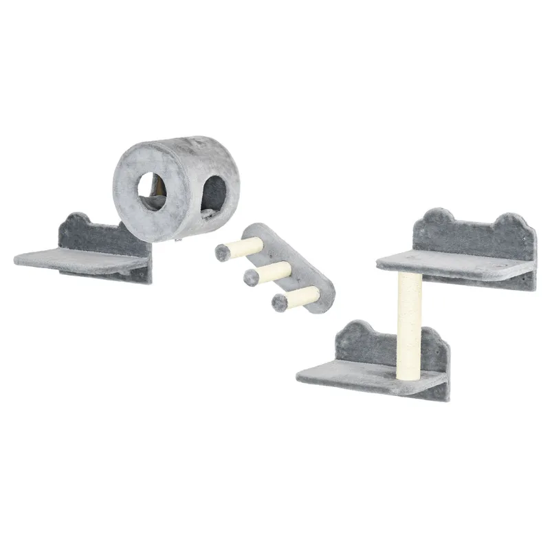 Pawhut - 4PCs Wall Mounted Cat Furniture Set with Steps Scratching Post, Grey