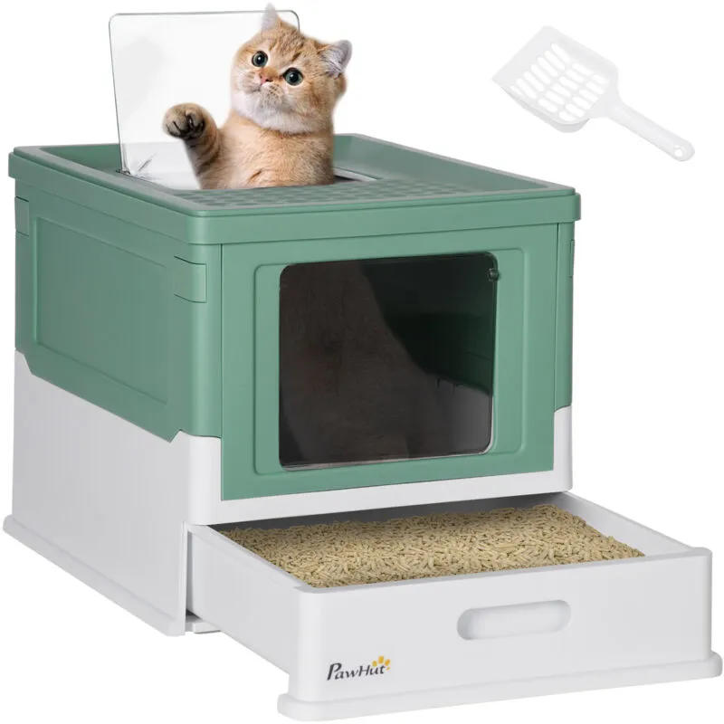 Pawhut - Hooded Cat Litter Box, Portable Pet Toilet w/ Tray, Scoop, Front Entry Green