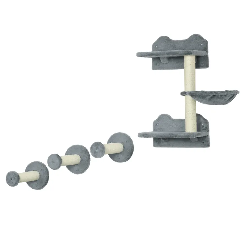 Pawhut - 4PCs Cat Shelf Cat Wall Furniture Wall-Mounted Cat Tree Scratching Post Grey