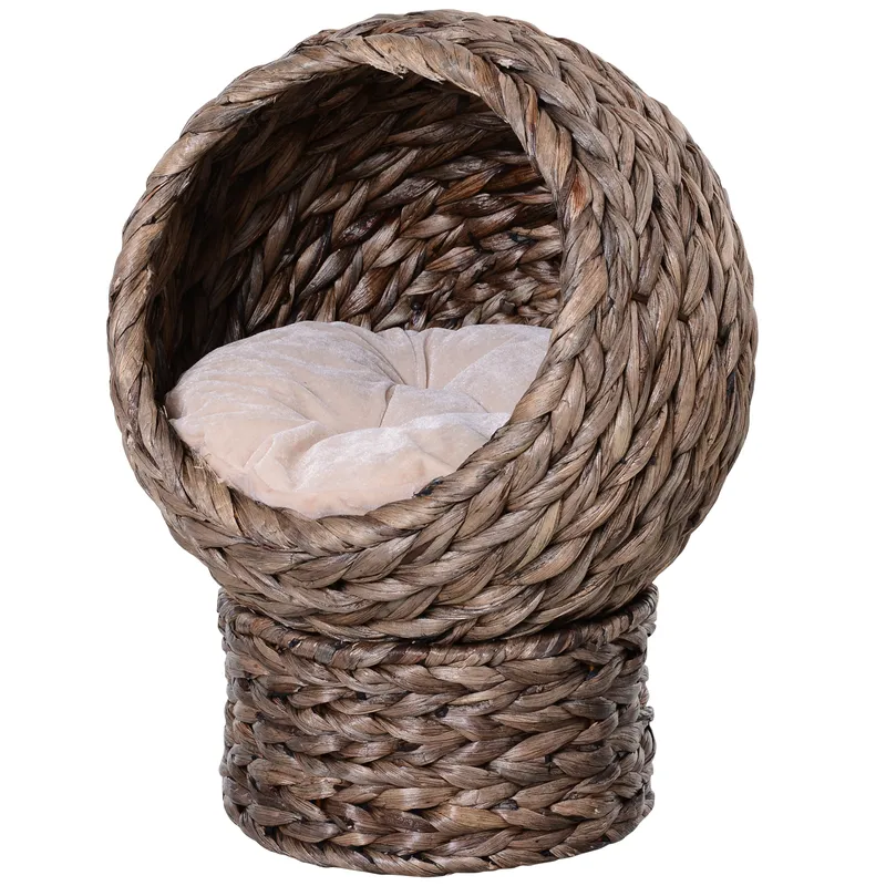 PawHut Wicker Cat House, Raised Cat Bed with Cushion Dark Brown