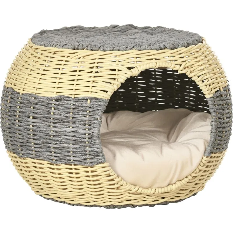 PawHut Wicker Cat House, Rattan Raised Cat Bed with Soft Cushion, 40 x 30cm