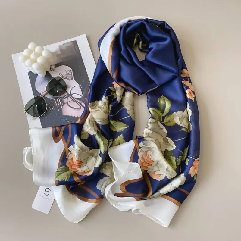 Peach Accessories Women's Blossom Satin Scarf in Navy Navy