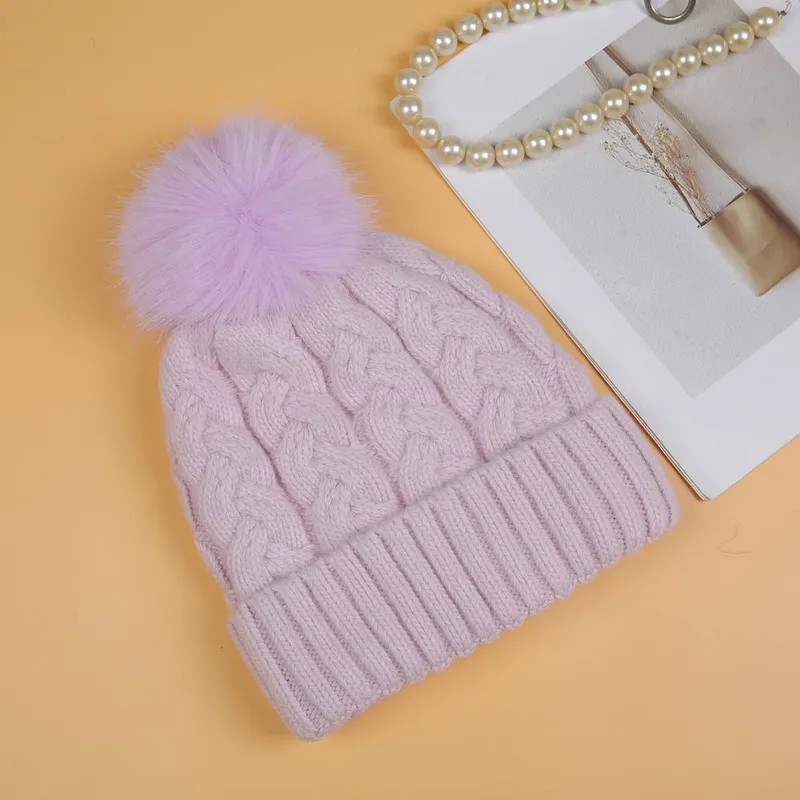 Peach Accessories Women's Chunky Knit Pompom Hat in Lilac - Lilac - Size: One Size