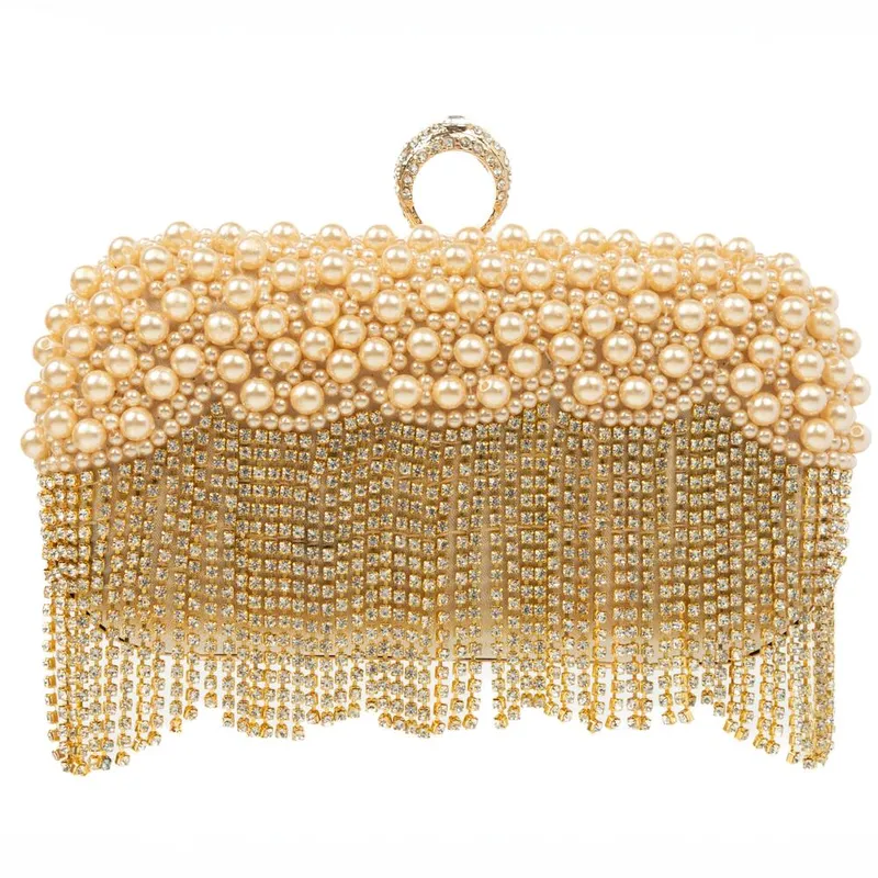 Peach Accessories Women's Elegant Pearl & Crystal Clutch in Gold - Gold