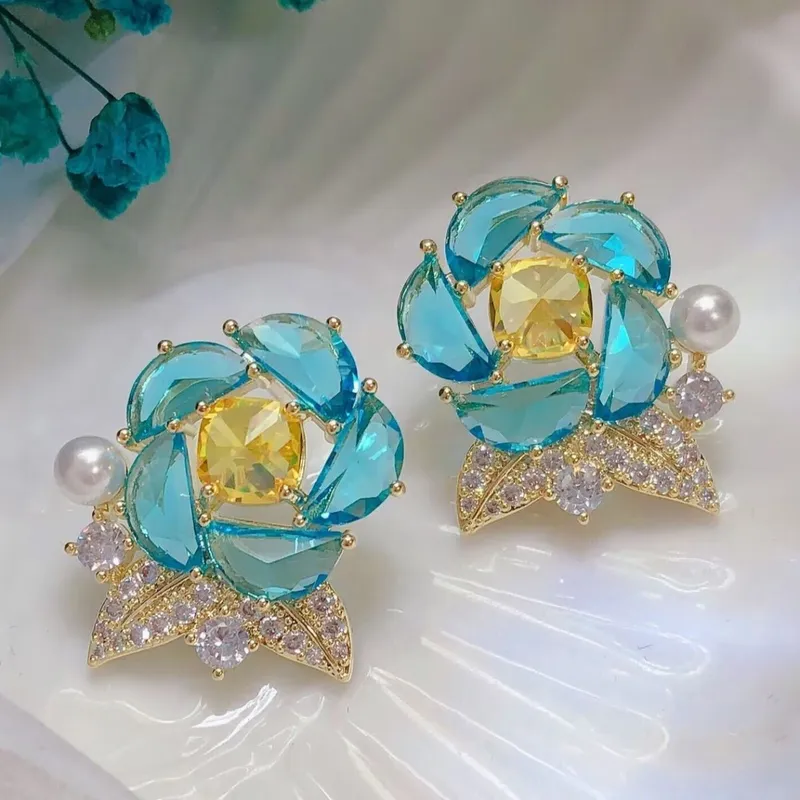 Peach Accessories Women's Floral Statement Earrings with Pearl in Blue Blue One Size