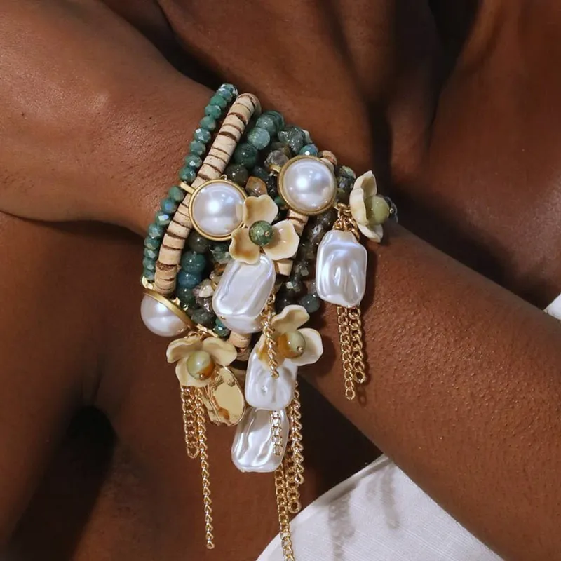 Peach Accessories Women's Sage Green Stone & Pearlies Bracelet Stack - Green
