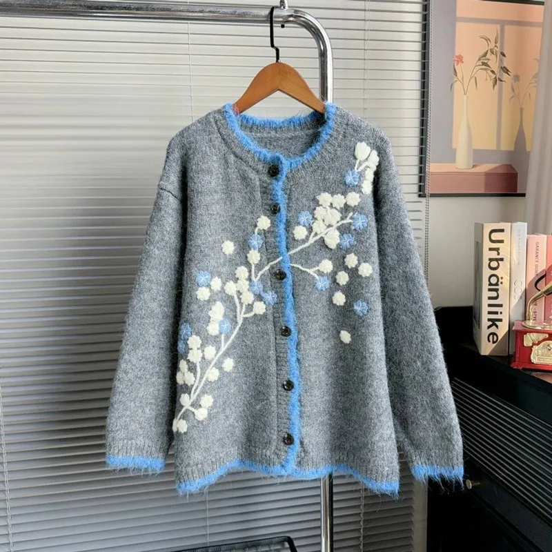 Peach Accessories Women's Soft Floral Knit Grey Cardigan Grey female